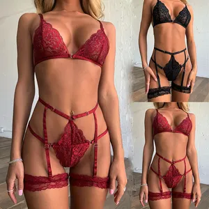 Roupa íntima sexy feminina, 3 peças, para noite, lingerie 021, vermelha