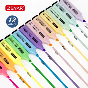 ZEYAR 형광펜 12 색 치즐 팁 마커 펜 물 기반 빠른 드라이 6 마카롱 색 6 형광 색상