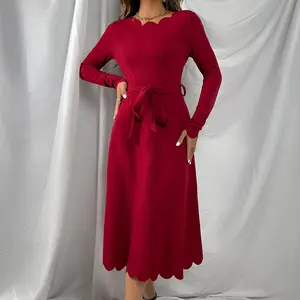 Bahar sonbahar kadın kırmızı zarif tarak Trim kuşaklı yüksek bel A-Line uzun kollu Maxi Flare elbise taraklı elbise bayan