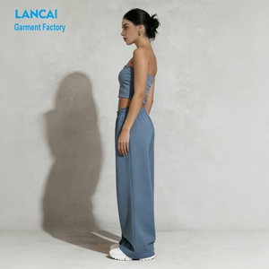Produttore di Abbigliamento Lancai, Set <span class=keywords><strong>Tuta</strong></span> Personalizzato 100% Cotone con Top a Fascia e <span class=keywords><strong>Pantaloni</strong></span> <span class=keywords><strong>Larghi</strong></span> per <span class=keywords><strong>Donna</strong></span> - Product Image 2