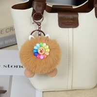 Porte-clés rond en peluche fait main avec visage souriant et fleur colorée, pendentif mignon pour sac, cartable et voiture
