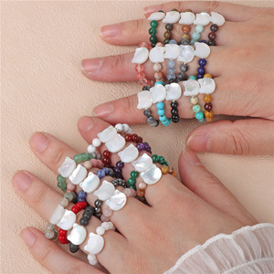 Espaciador de cabeza de gato de concha blanca Natural, piedra preciosa de cristal curativo turquesa sintética, anillos de dedo ajustables con cuentas redondas para mujer - Product Image 3