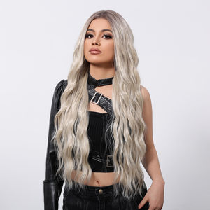 Perruque synthétique ondulée <span class=keywords><strong>en</strong></span> fibre Future Fiber, style libre, 13x6, avec dentelle, <span class=keywords><strong>cheveux</strong></span> bouclés, photo réelle, haute densité, racines brunes, ombré blond - Product Image 2