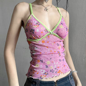 Nouvelle collection Printemps-Été 2026 : Top Camisole Rose pour Femme, sans manches, en maille transparente tricotée avec dentelle et imprimé floral, modèle mignon, en promotion. - Product Image 5