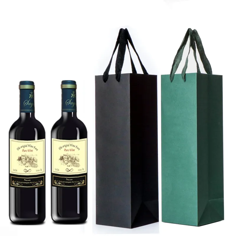Tablero de marfil de moda, bolsa de papel para botella de vino a granel negra individual, regalo de supermercado, promoción, impresión Offset, logotipo personalizable