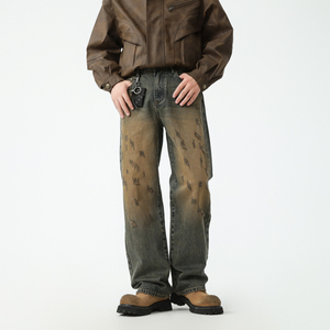 Vintage Distress Stone Wash Blue Straight Jeans Herren High Street Fashion Baggy <span class=keywords><strong>Denim</strong></span> Jeans Benutzer definierte Herren Whisker Designer Jeans