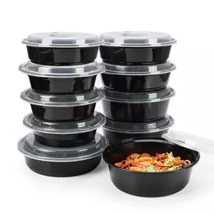 Lò Vi Sóng Đóng Gói Cup Bát Đen Tròn Pp Nhựa Bữa Ăn Chuẩn Bị Bát Cho Salad Vegan 32OZ Soup Bát Nhựa Dùng Một Lần Có Nắp