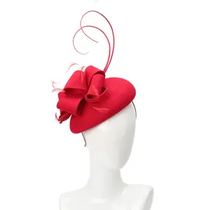 LINGLONG Damen Red Filz Wolle Hochzeit Tea Party Kirche Feder Kleine Pillbox Hut Chapeau Mariage Civil Für Frauen Fascinator Hüte