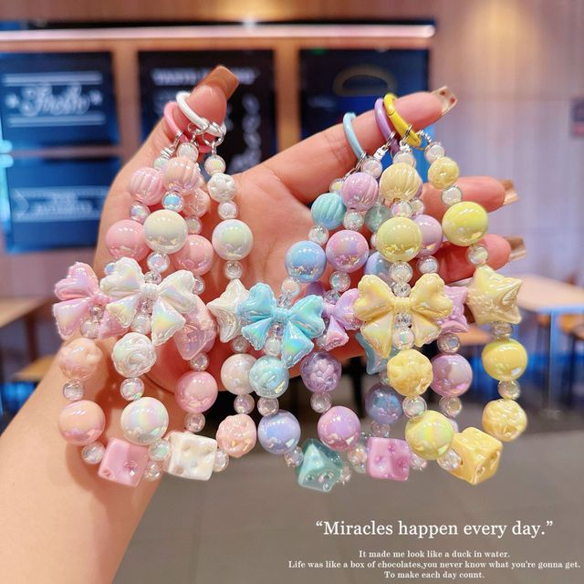 Fashion Mobile Phone Chain Acrylic Pendant Cute Candy Color Wrist Strap Flowers Bow Beaded Keychain Phone Rope Beaded Pendant