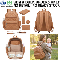 Sac à dos de maternité en cuir PU marron clair avec logo personnalisé, design matelassé, sac à couches complet pour les parents, idéal pour les voyages