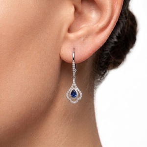 Pendientes colgantes de zafiro azul real hechos a medida, oro blanco macizo de 18 quilates, doble halo, diamantes pavé, joyería fina, regalo nupcial para ella - Product Image 4