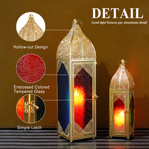 Juego de 2 Faroles de Vela Dorados Estilo Marroquí para Interiores con Vidrio de <span class=keywords><strong>Colores</strong></span> para Decoración Festiva - Product Image 5
