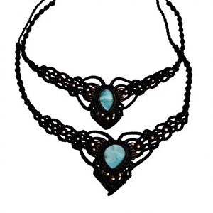 Collar de cuerda de cáñamo negro estilo bohemio para mujer con piedra turquesa en forma de gota engastada, doble capa, joyería de estilo bohemio - Product Image 1