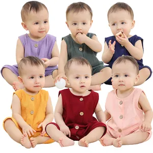 MICHELY Neue Babykleidung solide Farben Knöpfe 100 % Baumwolle bequeme ärmellose Sommer-Babystrampler