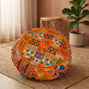Traditional Embroidered Cotton <b>Round</b> Floor <b>Cushion</b> in Orange Patchwork Design Decorative Handmade Seat <b>Cushion</b> for Home Office - Product Image 2