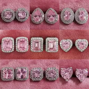 Qushine brinco de coração cz retangular, rosa, branco, dourado, redondo, quadrado, formato de coração, brinco completo de diamante para mulheres