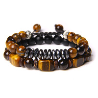 Nueva Pulsera Elástica de Doble Capa con Cuentas Cuadradas de Piedra Ojo de Tigre Natural Clásica y Hematita, Regalo Unisex