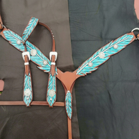 Ensemble de sellerie western en cuir véritable de qualité supérieure, léger, multifonctionnel, motif filigrane bleu sarcelle, taille moyenne, à bords festonnés, très demandé