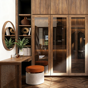 Armoire en bois massif de luxe léger Noyer + Porte en verre Lumière intégrée Minimaliste italien Meubles de chambre à coucher Armoire - Product Image 3