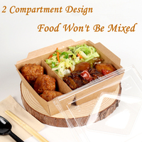 Boîte à lunch en papier kraft à 2 compartiments avec couvercle à fermeture à pression, récipient jetable pour la préparation des repas