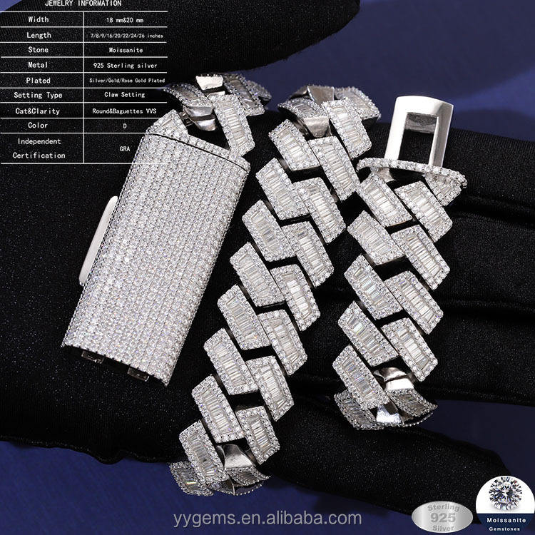 สร้อยคิวบาเงินประดับมอยซาไนต์ทรงบาแกตต์และทรงกลม ขนาดกว้าง 20 มม.