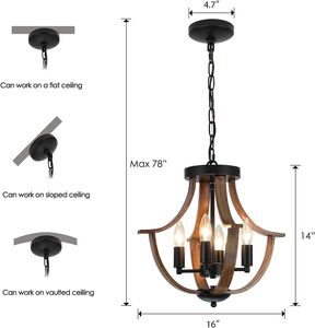 <span class=keywords><strong>Lustre</strong></span> de style farmhouse en <span class=keywords><strong>bois</strong></span> de noyer <span class=keywords><strong>noir</strong></span>, 4 lumières, suspension industrielle pour <span class=keywords><strong>salon</strong></span>, salle à manger, entrée, hall d'entrée - Product Image 2