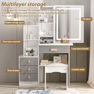 <strong>Small</strong> <strong>Vanity</strong> <strong>Table</strong> Makeup <strong>Vanity</strong> Dressing <strong>Table</strong> with Mirror 4 Drawers &amp; Shelves Dressing Desk and Cushioned Stool Set - Product Image 3