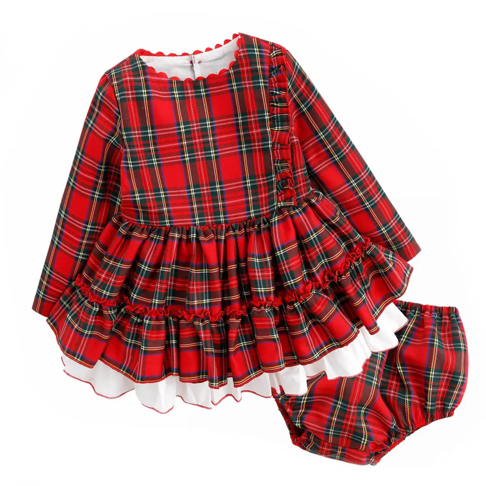 أوروبا تصميم فتاة ملابس حمراء منقوشة فستان مكشكش لطيف الطفل ملابس عيد الميلاد
