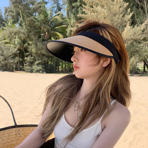 <b>Straw</b> Woven Visor <b>Hat</b> Wide Brim Adjustable Foldable For Women Beach Vacation Sun Protection Korean Style Trendy Off White Beige - Product Image 1