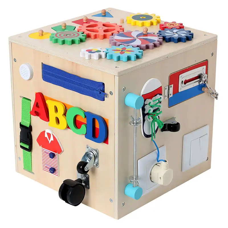 Hot Selling Activity Cube Drukke Board Montessori Vroege Educatie Klink Speelgoed Unlock Kinderen Houten Kubus Voor Kinderen Autisme