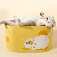 Lit pour chat en papier ondulé double couche avec design elliptique, position ergonomique allongée, fonction de meulage des griffes, emballage en carton
