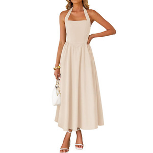 Robe longue plissée sans manches à col halter pour <span class=keywords><strong>femme</strong></span>, taille haute, épaules dénudées, fluide, pour soirée, plage ou invitée de <span class=keywords><strong>mariage</strong></span>, collection été 2026 - Product Image 1