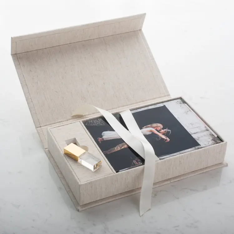 גודל מותאם אישית לוגו כיסוי בד פשתן לחתונה כונן הבזק מסוג USB אחסון תמונות חבילות קופסאות מתנה עם סרט סאטן