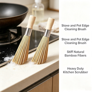 Brosse à vaisselle en bambou naturel, brosse de nettoyage de cuisine, manche en bois, non rayante, long manche, pour casseroles et woks - Product Image 2