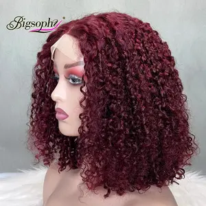 Super Double Drawn Pixie Red Curls Wig Funmi Hair Pixie Curls Closure Human Hair Wigs With Lace Closure 4X4 red color