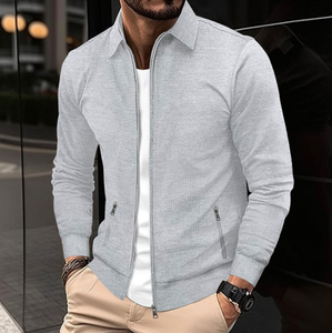 Cardigan <span class=keywords><strong>Elegante</strong></span> da <span class=keywords><strong>Uomo</strong></span> Slim Fit con Colletto a Risvolto, Tasca con Zip e Maniche Lunghe in Tessuto Waffle - Product Image 3