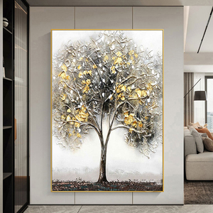 Dipinto a Mano con Foglia d'Oro, Decorazione Astratta con Piante, Quadro da Parete, Opera d'Arte su Tela con Olio Naturale, Dipinto Acrilico Albero Dorato - Product Image 1