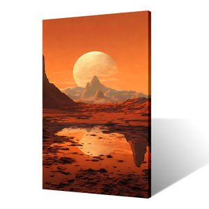 Impression sur toile suspendue carrée art déco avec peinture en aérosol de montagne extraterrestre ciel cramoisi silhouette planétaire - Product Image 1