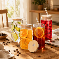 Ensemble de 4 gobelets en verre résistant à la chaleur SELECTSHOP avec pailles, couvercles et brosse de nettoyage, compatibles lave-vaisselle pour eau/jus/soda/thé (moderne)