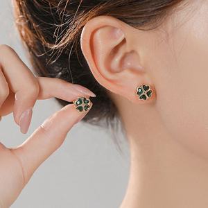 Exquisite High-End Gold Plated Princess Cut Four Leaf Clover Green Leaf Stud <b>Earrings</b> <b>for</b> <b>Women</b> Trendy <b>Small</b> Fragrance Design - Product Image 3