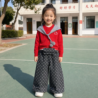 Ensemble Cardigan à Col Marin et Pantalon Large pour Filles, Rouge, Style Preppy, Tenue de Vacances Deux Pièces, Vente en Gros Personnalisée