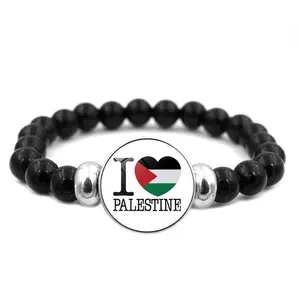 Atacado Personalizado Motivacional Esportes Jóias Palestina Produtos De Vidro Preto Frisado Bandeira Pulseiras Palestina Bead Bracelet