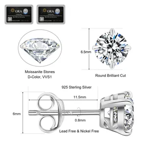 KRKC Wholesale VVS1 0.5ct 0.6ct 0.8ct 1.0ct 925 Sterling Silver Diamond Men Earring Moissanite Wedding Stud Earrings For Bride