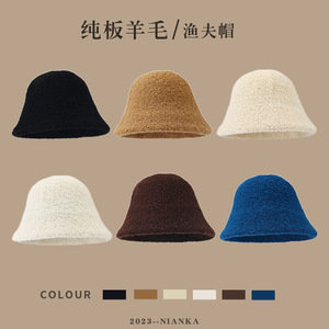 Wool Bucket <b>Hat</b> Solid Color Warm Face Slimming Unisex Winter Fisherman <b>Hat</b> Fleece Material Japan And Korean Style - Product Image 5