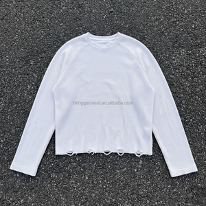 High quality 100% Cotton <b>waffle</b> thermal fabric for Men Custom Men's Long <b>shirt</b> Blank Distressed for men Crew Neck Long <b>shirt</b> - Product Image 2