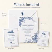 Suite d'invitations de mariage personnalisées en carton bleu floral avec enveloppe assortie laminée film UV, carte de date et carte RSVP imprimées