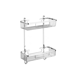 Étagère de douche murale à 2 niveaux en acier inoxydable, finition chromée, rangement gain de place avec crochets - Product Image 2