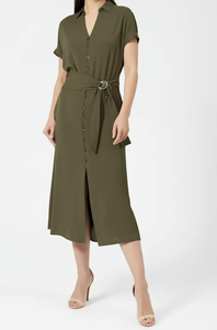 Robe chemise vert olive à col en V avec ceinture et ourlet asymétrique, longueur midi, tenue décontractée d'été pour femmes - Product Image 2