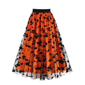 Vintage Sexy Pictures Of Mature Women Long Plus Size Skirts Mesh Double Flocking Waist Floral Gauze Skirt Long Skirts For Women