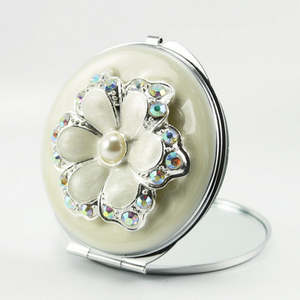 Portable Round Silver Chrome Metal Enamel Floral Cosmetic <b>Compact</b> <b>Mirror</b> Dual HD Glass Lens Folding Handbag Vanity <b>Mirror</b> - Product Image 5